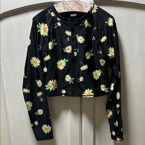 Old Navy zip up crop rash guard swim top black with daisy graphics